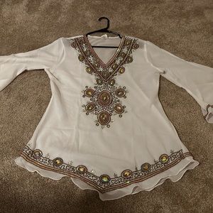 Sheer ivory ornately beaded bell sleeve top